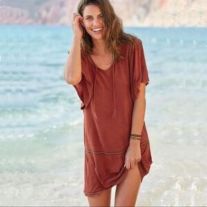 GARNET HILL Orange Organic Linen Jersey Embroider Knit Cover Up Dress SIZE SMALL